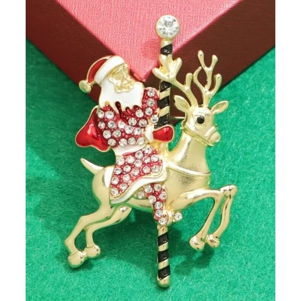 Santa Riding on Gold Reindeer Carousel Crystal Accents Brooch Pin
